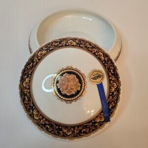 T. Limoges Bacchus Covered Dish Gilt Round Designed in France White Black Gold